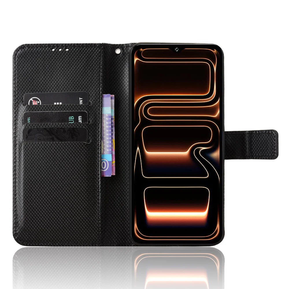 For Oukitel C17 Leather Wallet Case with Strap Diamond Texture Phone Cover - Black - 6
