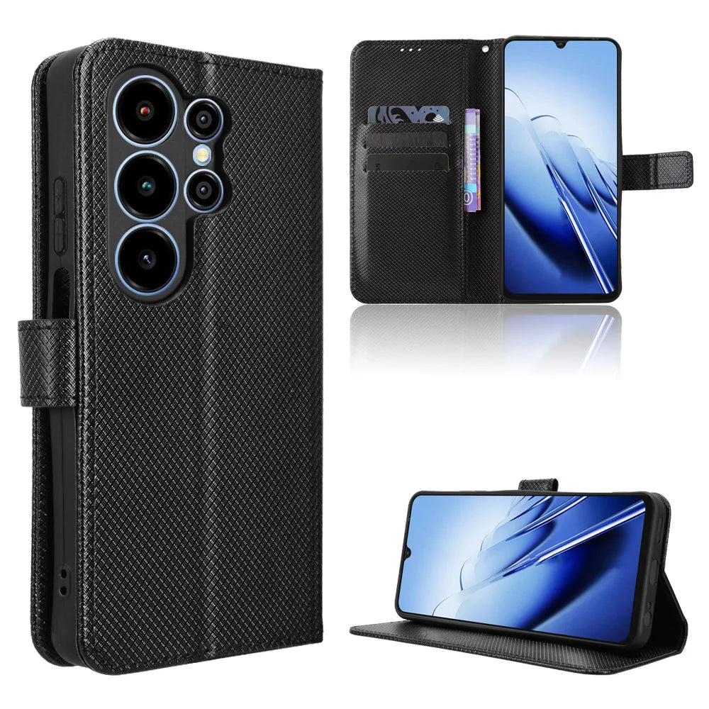 For Blackview Wave 10 Leather Wallet Case with Strap Diamond Texture Phone Cover - Black - 1