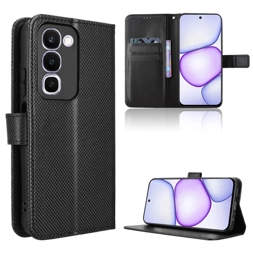 For Realme C100x 4G / C100 4G Leather Wallet Case with Strap Diamond Texture Phone Cover - Black - 1
