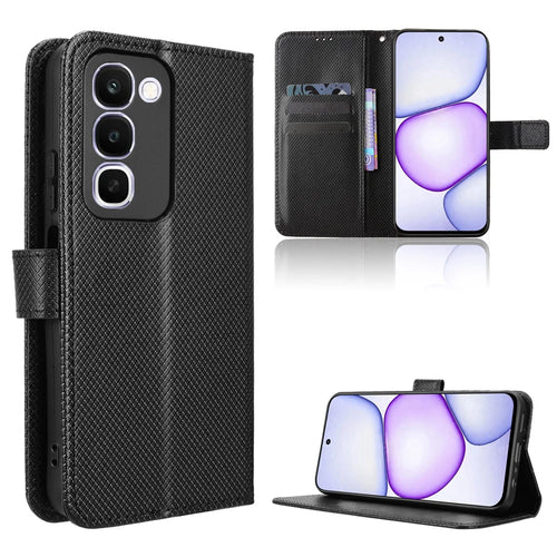 For Realme C100x 4G / C100 4G Leather Wallet Case with Strap Diamond Texture Phone Cover - Black - 1