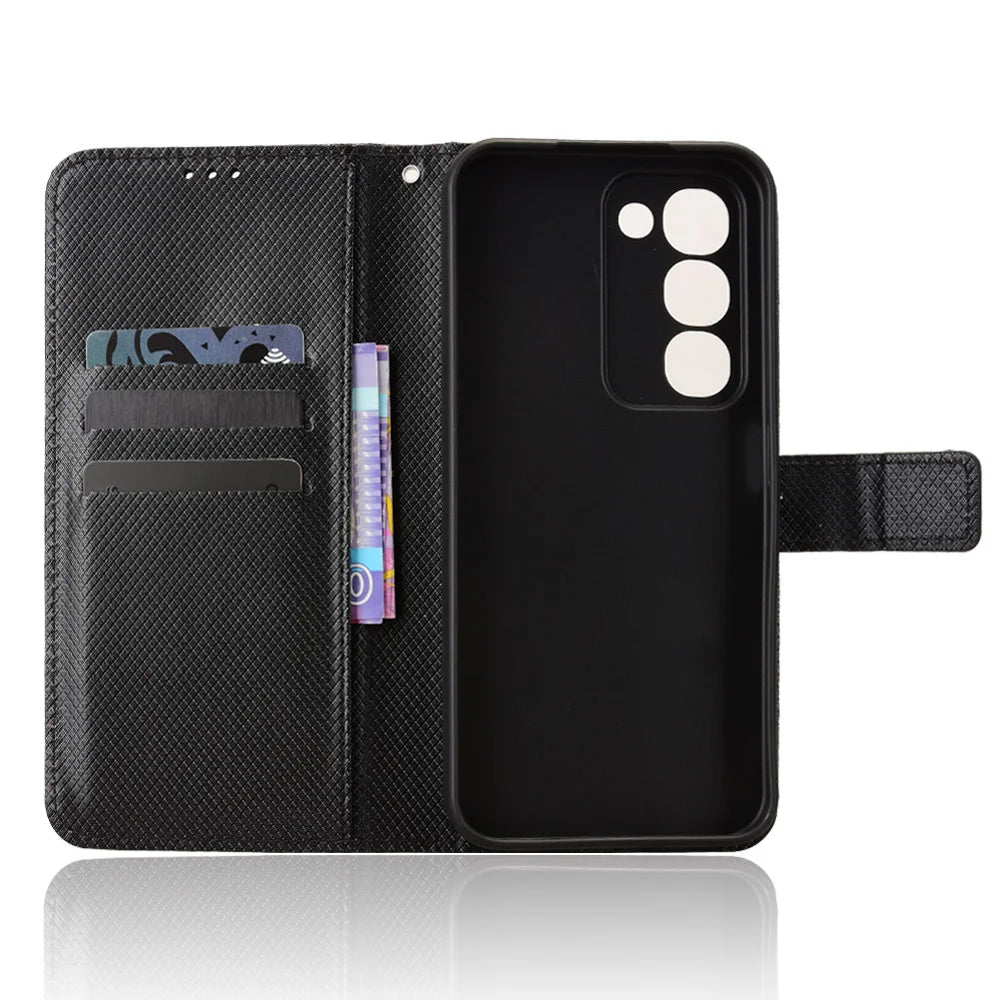 For Realme C100x 4G / C100 4G Leather Wallet Case with Strap Diamond Texture Phone Cover - Black - 5