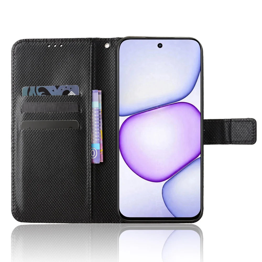 For Realme C100x 4G / C100 4G Leather Wallet Case with Strap Diamond Texture Phone Cover - Black - 6