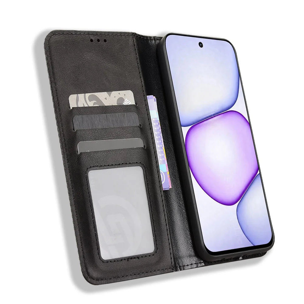 For Realme C100x 4G / C100 4G Leather Case Wallet Stand Retro Texture Phone Cover - Black - 6