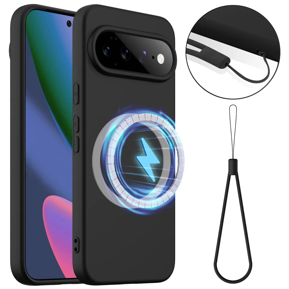 For Google Pixel 11 Pro XL Magnetic Case Anti-Drop Liquid Silicone Phone Cover with Lanyard - Black - 1