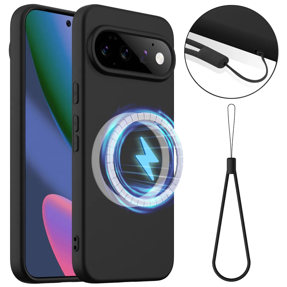 For Google Pixel 11 Pro Magnetic Case Anti-Drop Liquid Silicone Phone Cover with Lanyard - Black - 1