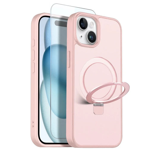 NORTHJO For iPhone 15 Case with Invisible Magnetic O-Ring Stand Compatible with MagSafe Translucent Matte Shockproof Phone Cover with Tempered Glass Film - Pink - 1