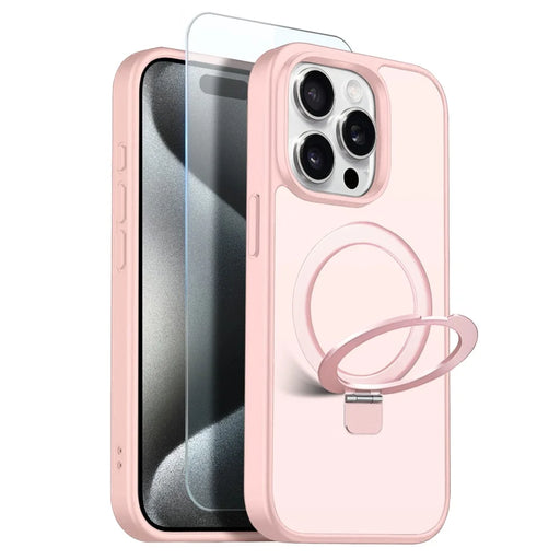 NORTHJO For iPhone 15 Pro Case with Invisible Magnetic O-Ring Stand Compatible with MagSafe Translucent Matte Shockproof Phone Cover with Tempered Glass Film - Pink - 1