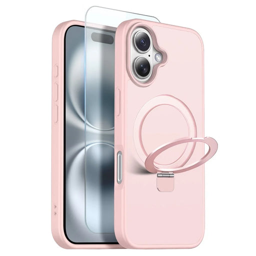 NORTHJO For iPhone 16 Case with Invisible Magnetic O-Ring Stand Compatible with MagSafe Translucent Matte Shockproof Phone Cover with Tempered Glass Film - Pink - 1