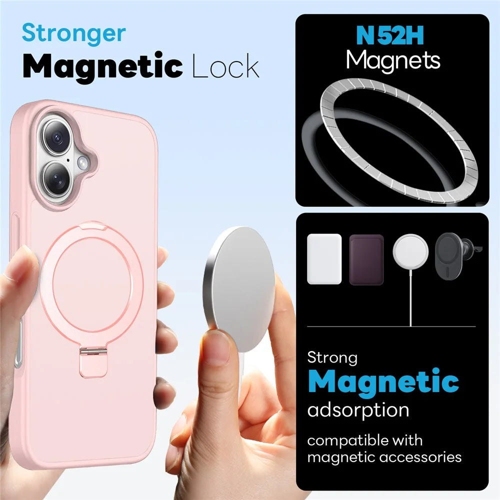 NORTHJO For iPhone 16 Plus Case with Invisible Magnetic O-Ring Stand Compatible with MagSafe Translucent Matte Shockproof Phone Cover with Tempered Glass Film - Pink - 2