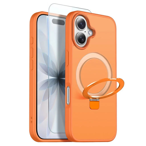 NORTHJO For iPhone 17 Case with Invisible Magnetic O-Ring Stand Compatible with MagSafe Translucent Matte Shockproof Phone Cover with Tempered Glass Film - Orange - 1