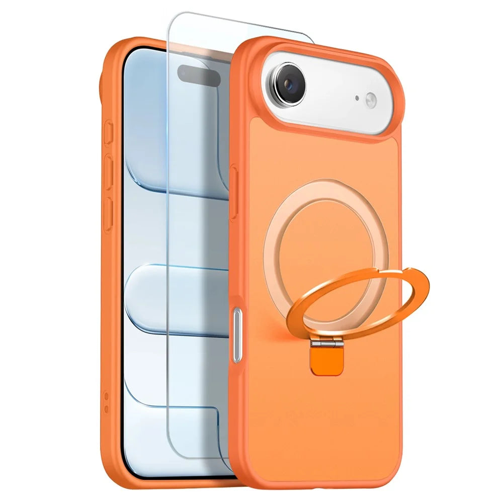 NORTHJO For iPhone Air Case with Invisible Magnetic O-Ring Stand Compatible with MagSafe Translucent Matte Shockproof Phone Cover with Tempered Glass Film - Orange - 1