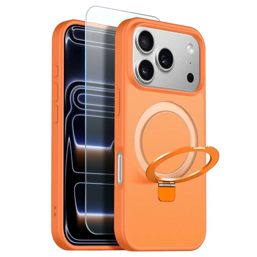 NORTHJO For iPhone 17 Pro Case with Invisible Magnetic O-Ring Stand Compatible with MagSafe Translucent Matte Shockproof Phone Cover with Tempered Glass Film - Orange - 1