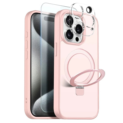 NORTHJO For iPhone 15 Pro Max Case with Magnetic O-Ring Stand Compatible with MagSafe Translucent Matte Shockproof Phone Cover with Tempered Glass Film + Lens Film - Pink - 1