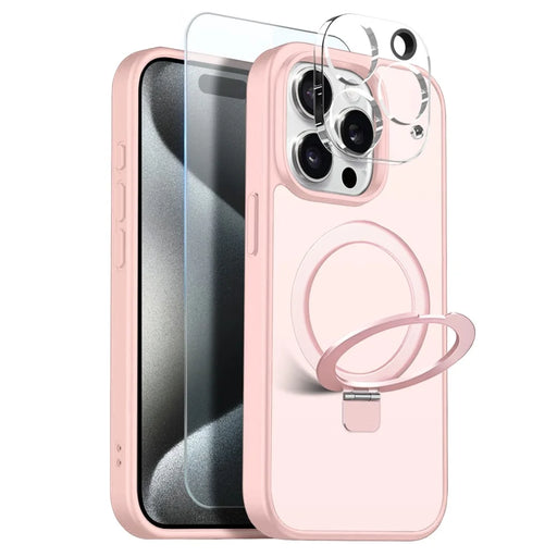 NORTHJO For iPhone 15 Pro Max Case with Magnetic O-Ring Stand Compatible with MagSafe Translucent Matte Shockproof Phone Cover with Tempered Glass Film + Lens Film - Pink - 1