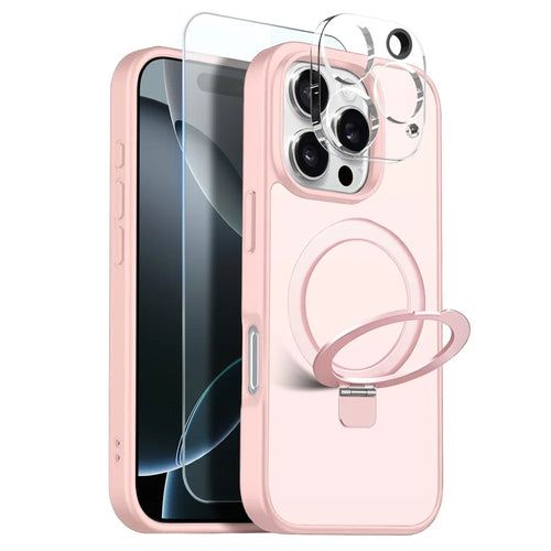 NORTHJO For iPhone 16 Pro Case with Magnetic O-Ring Stand Compatible with MagSafe Translucent Matte Shockproof Phone Cover with Tempered Glass Film + Lens Film - Pink - 1