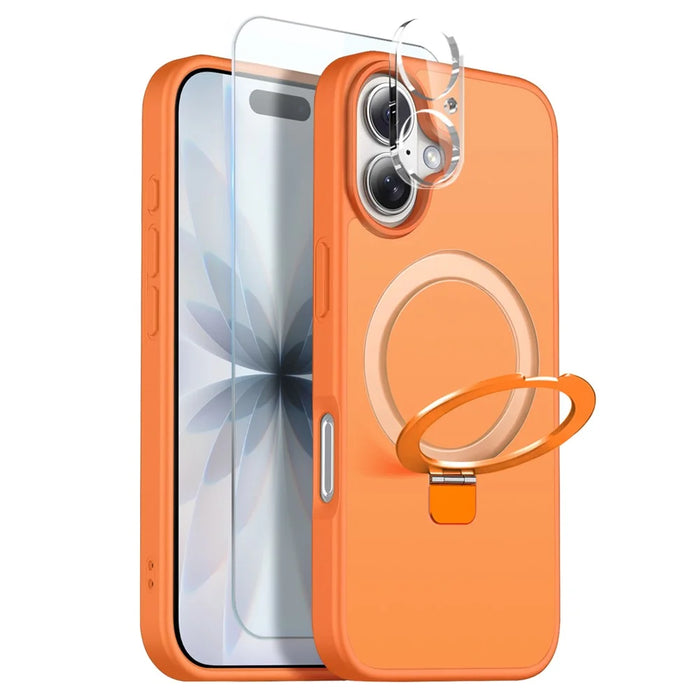 NORTHJO For iPhone 17 Case with Magnetic O-Ring Stand Compatible with MagSafe Translucent Matte Shockproof Phone Cover with Tempered Glass Film + Lens Film - Orange - 1