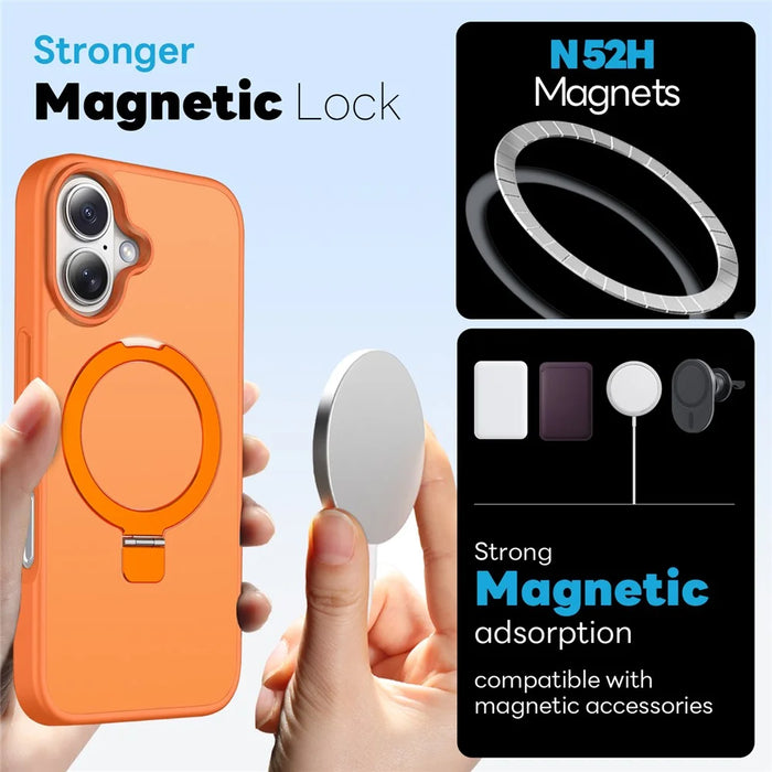 NORTHJO For iPhone 17 Case with Magnetic O-Ring Stand Compatible with MagSafe Translucent Matte Shockproof Phone Cover with Tempered Glass Film + Lens Film - Orange - 2