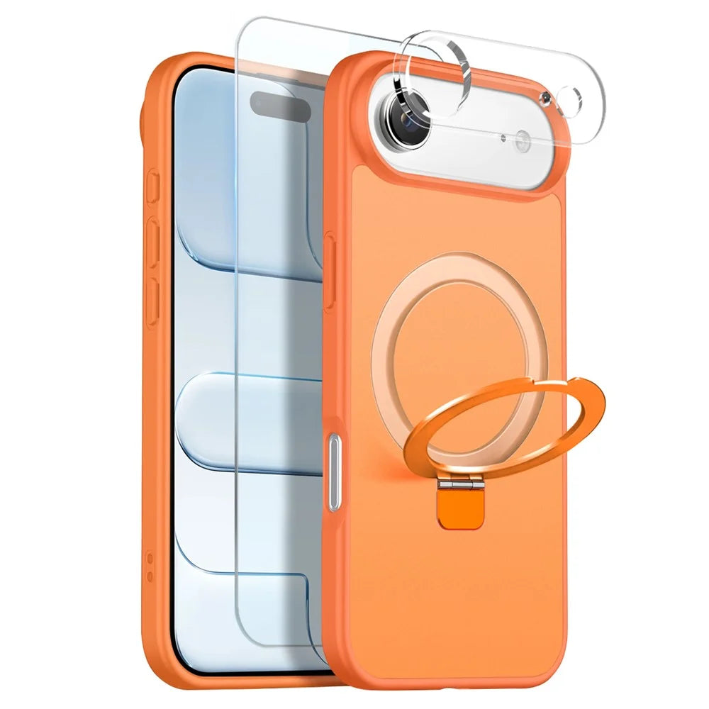 NORTHJO For iPhone Air Case with Magnetic O-Ring Stand Compatible with MagSafe Translucent Matte Shockproof Phone Cover with Tempered Glass Film + Lens Film - Orange - 1