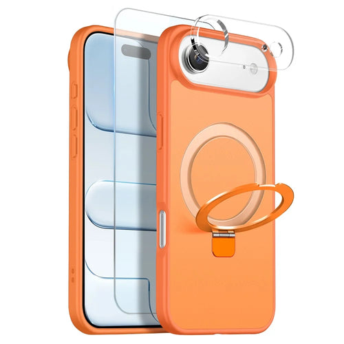 NORTHJO For iPhone Air Case with Magnetic O-Ring Stand Compatible with MagSafe Translucent Matte Shockproof Phone Cover with Tempered Glass Film + Lens Film - Orange - 1