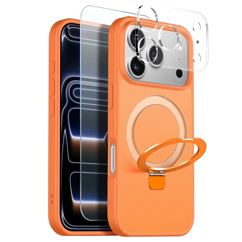 NORTHJO For iPhone 17 Pro Case with Magnetic O-Ring Stand Compatible with MagSafe Translucent Matte Shockproof Phone Cover with Tempered Glass Film + Lens Film - Orange - 1