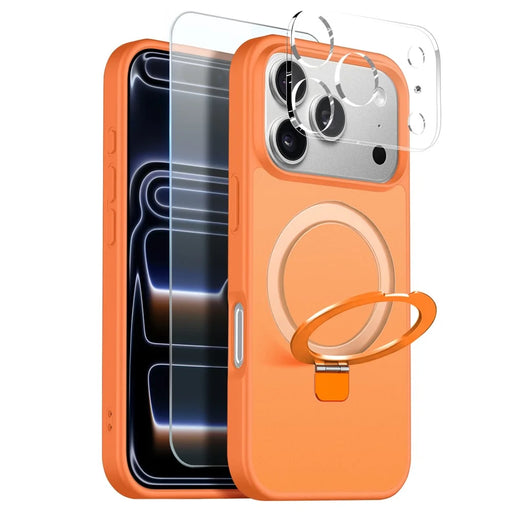 NORTHJO For iPhone 17 Pro Max Case with Magnetic O-Ring Stand Compatible with MagSafe Translucent Matte Shockproof Phone Cover with Tempered Glass Film + Lens Film - Orange - 1