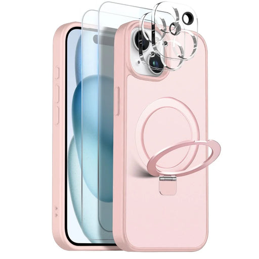 NORTHJO For iPhone 15 Case with Magnetic Stand Compatible with MagSafe Translucent Matte Shockproof Phone Cover with 2Pcs Tempered Glass Protector + 2Pcs Lens Film - Pink - 1