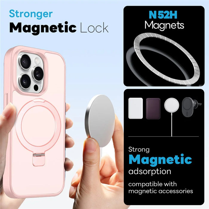 NORTHJO For iPhone 15 Pro Case with Magnetic Stand Compatible with MagSafe Translucent Matte Shockproof Phone Cover with 2Pcs Tempered Glass Protector + 2Pcs Lens Film - Pink - 2