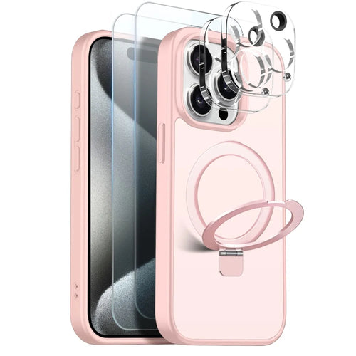 NORTHJO For iPhone 15 Pro Max Case with Magnetic Stand Compatible with MagSafe Translucent Matte Shockproof Phone Cover with 2Pcs Tempered Glass Protector + 2Pcs Lens Film - Pink - 1