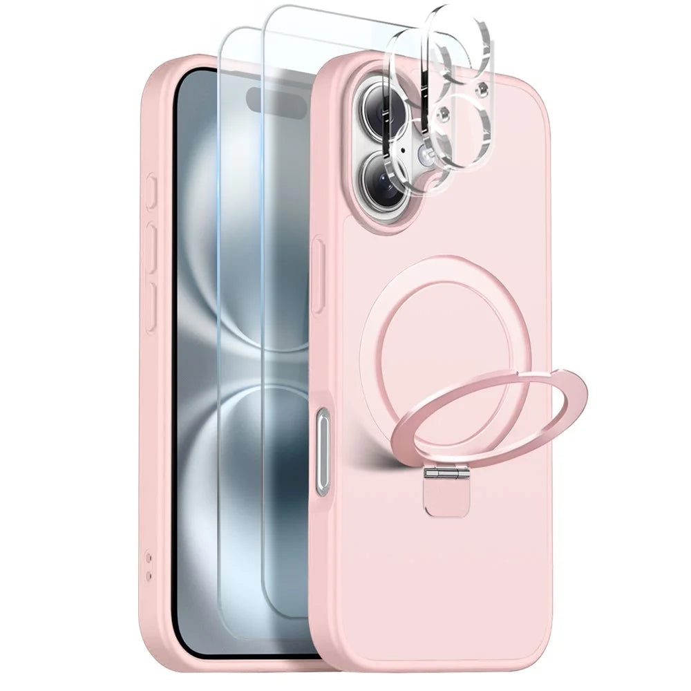 NORTHJO For iPhone 16 Case with Magnetic Stand Compatible with MagSafe Translucent Matte Shockproof Phone Cover with 2Pcs Tempered Glass Protector + 2Pcs Lens Film - Pink - 1