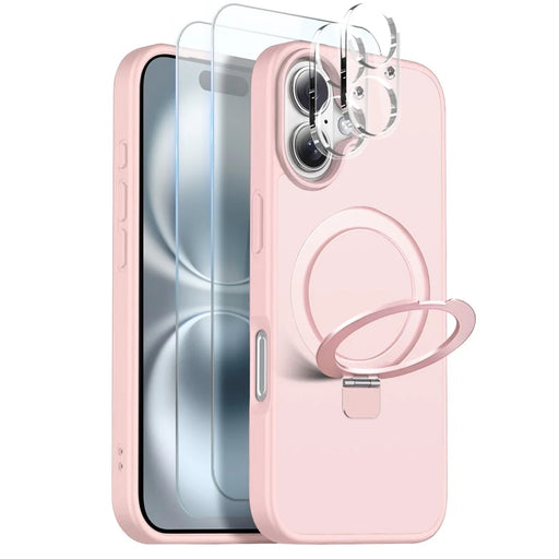 NORTHJO For iPhone 16 Case with Magnetic Stand Compatible with MagSafe Translucent Matte Shockproof Phone Cover with 2Pcs Tempered Glass Protector + 2Pcs Lens Film - Pink - 1