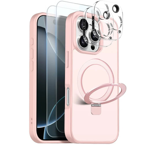 NORTHJO For iPhone 16 Pro Case with Magnetic Stand Compatible with MagSafe Translucent Matte Shockproof Phone Cover with 2Pcs Tempered Glass Protector + 2Pcs Lens Film - Pink - 1