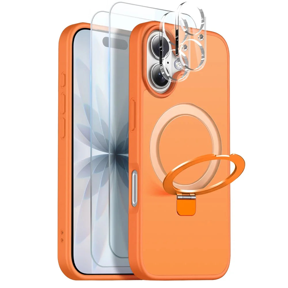 NORTHJO For iPhone 17 Case with Magnetic Stand Compatible with MagSafe Translucent Matte Shockproof Phone Cover with 2Pcs Tempered Glass Protector + 2Pcs Lens Film - Orange - 1
