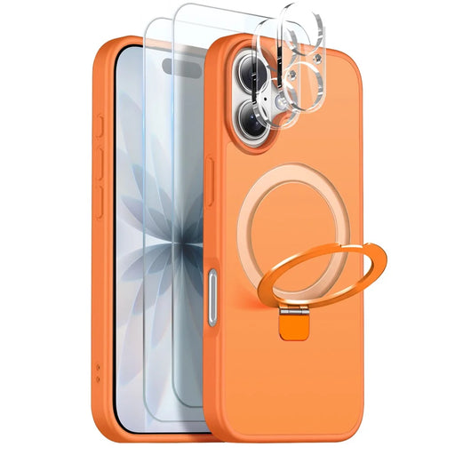 NORTHJO For iPhone 17 Case with Magnetic Stand Compatible with MagSafe Translucent Matte Shockproof Phone Cover with 2Pcs Tempered Glass Protector + 2Pcs Lens Film - Orange - 1