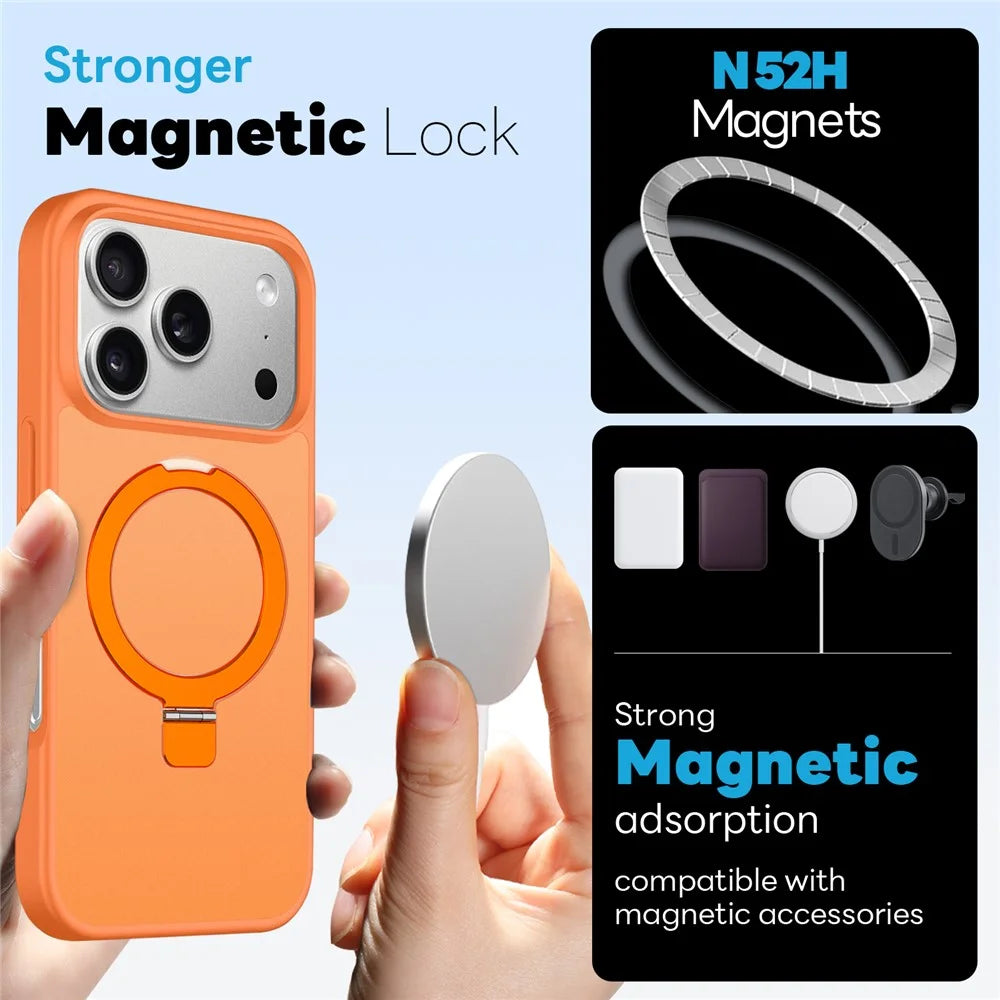NORTHJO For iPhone 17 Pro Case with Magnetic Stand Compatible with MagSafe Translucent Matte Shockproof Phone Cover with 2Pcs Tempered Glass Protector + 2Pcs Lens Film - Orange - 2