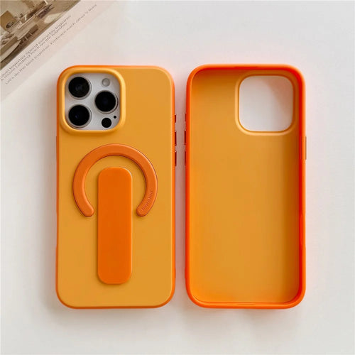 For iPhone 16 Pro Magnetic Case 2-in-1 Dual Color Shockproof Cover with Sliding Hidden Stand Compatible with Magsafe - Orange - 1