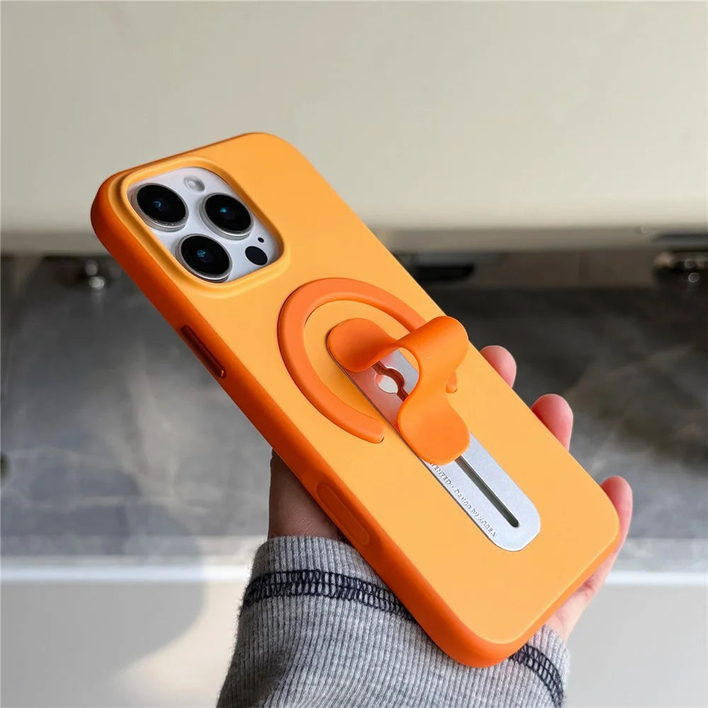 For iPhone 16 Pro Magnetic Case 2-in-1 Dual Color Shockproof Cover with Sliding Hidden Stand Compatible with Magsafe - Orange - 3