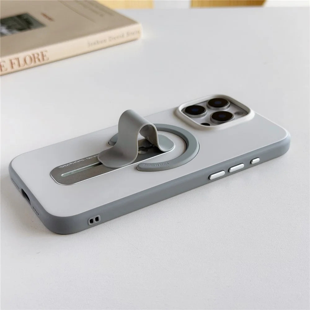 For iPhone 16 Pro Magnetic Case 2-in-1 Dual Color Shockproof Cover with Sliding Hidden Stand Compatible with Magsafe - Orange - 6