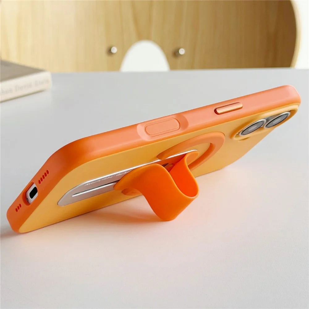 For iPhone 17 Magnetic Case 2-in-1 Dual Color Shockproof Cover with Sliding Hidden Stand Compatible with Magsafe - Orange - 3