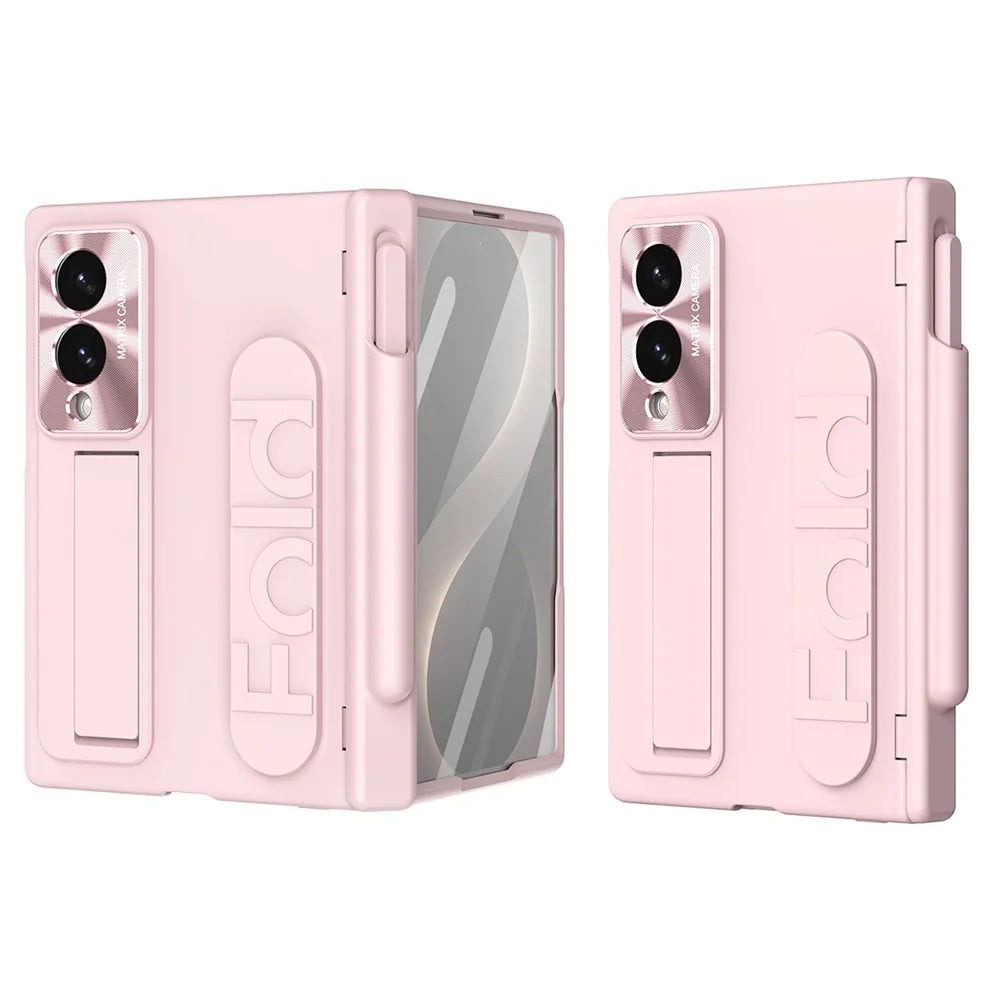 For Samsung Galaxy Z Fold8 Case Kickstand Wristband Hard PC Phone Cover with Pen Slot / Stylus - Pink - 1