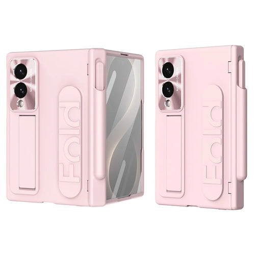 For Samsung Galaxy Z Fold8 Case Kickstand Wristband Hard PC Phone Cover with Pen Slot / Stylus - Pink - 1