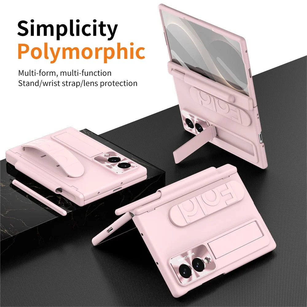 For Samsung Galaxy Z Fold8 Case Kickstand Wristband Hard PC Phone Cover with Pen Slot / Stylus - Pink - 3