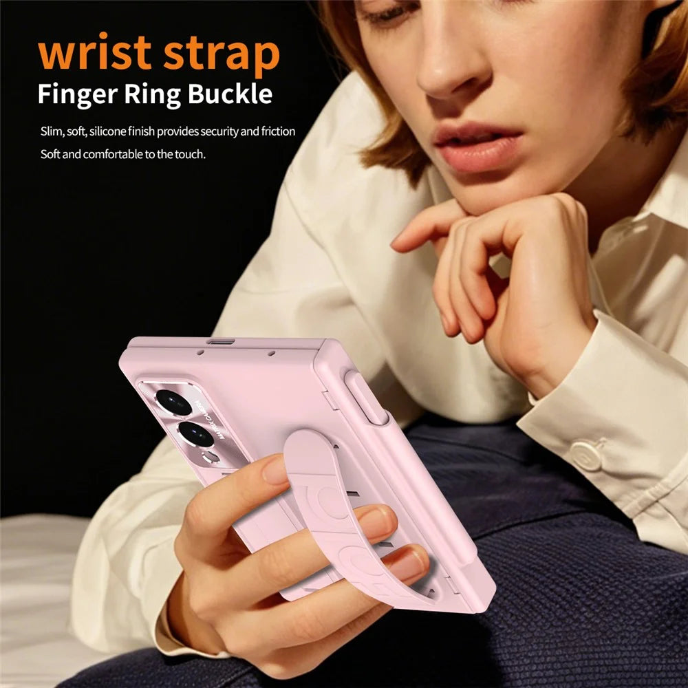 For Samsung Galaxy Z Fold8 Case Kickstand Wristband Hard PC Phone Cover with Pen Slot / Stylus - Pink - 4