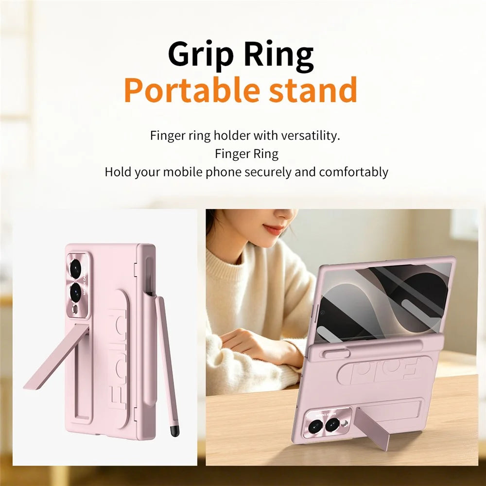 For Samsung Galaxy Z Fold8 Case Kickstand Wristband Hard PC Phone Cover with Pen Slot / Stylus - Pink - 5