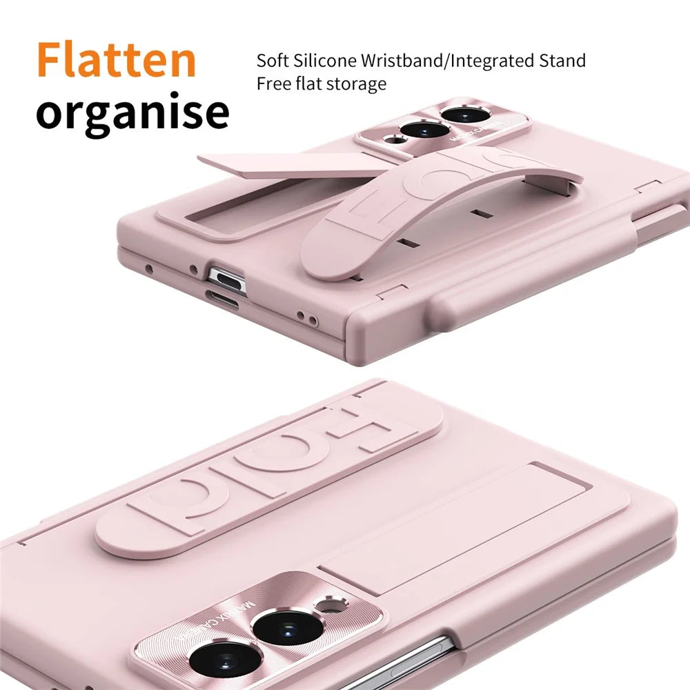 For Samsung Galaxy Z Fold8 Case Kickstand Wristband Hard PC Phone Cover with Pen Slot / Stylus - Pink - 6