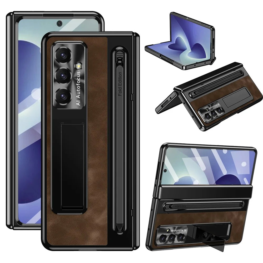 For Samsung Galaxy Z Fold8 Ultra Case Leather+PC Kickstand Phone Cover with Tempered Glass Film, Stylus - Coffee - 1