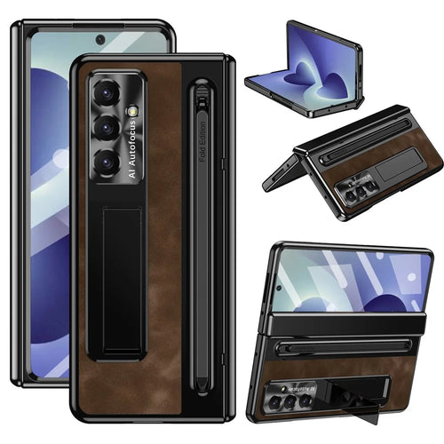 For Samsung Galaxy Z Fold8 Ultra Case Leather+PC Kickstand Phone Cover with Tempered Glass Film, Stylus - Coffee - 1