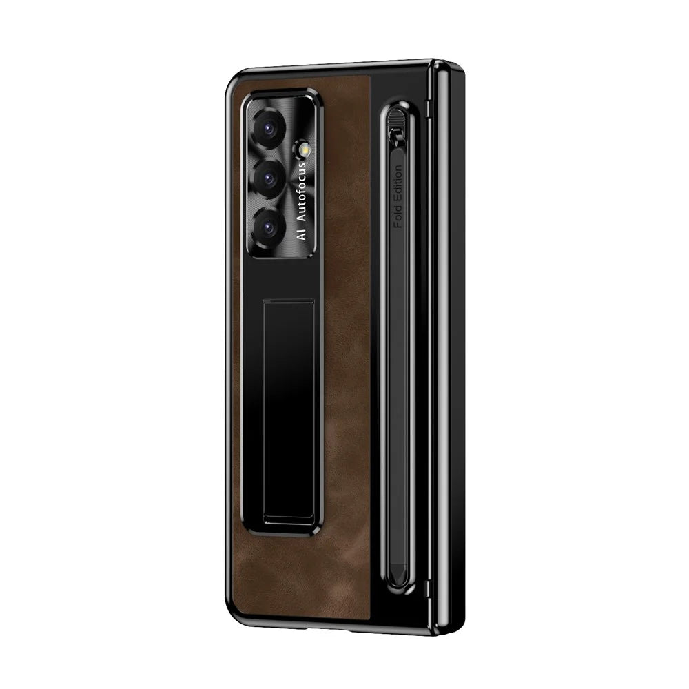 For Samsung Galaxy Z Fold8 Ultra Case Leather+PC Kickstand Phone Cover with Tempered Glass Film, Stylus - Coffee - 2