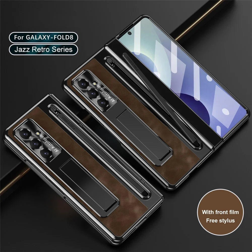 For Samsung Galaxy Z Fold8 Ultra Case Leather+PC Kickstand Phone Cover with Tempered Glass Film, Stylus - Coffee - 3
