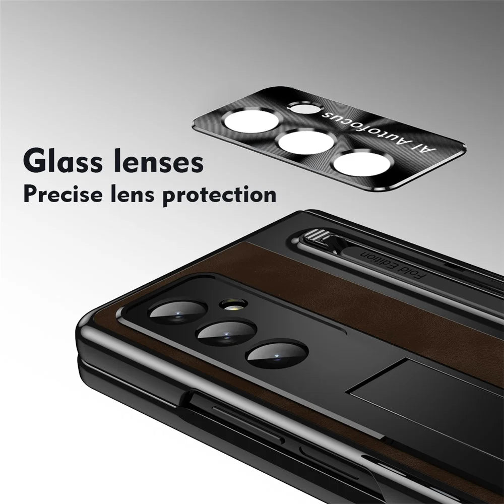 For Samsung Galaxy Z Fold8 Ultra Case Leather+PC Kickstand Phone Cover with Tempered Glass Film, Stylus - Coffee - 5