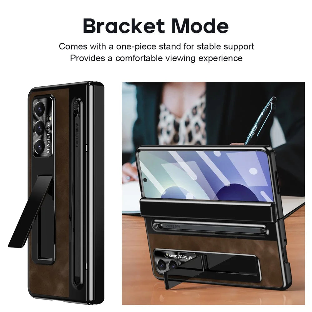 For Samsung Galaxy Z Fold8 Ultra Case Leather+PC Kickstand Phone Cover with Tempered Glass Film, Stylus - Coffee - 7